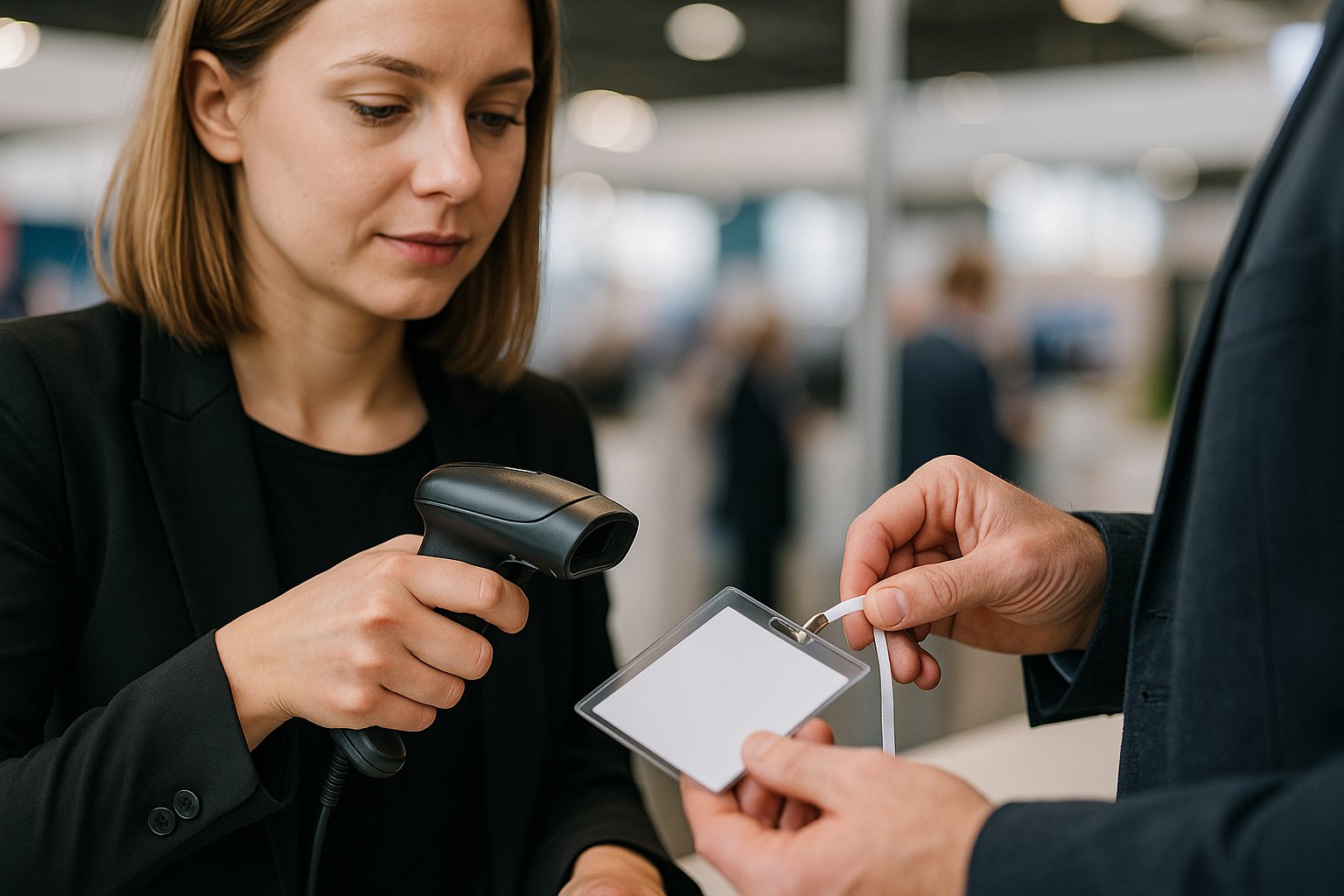 Trade fair hostesses in Poland — Scanning a visitor badge